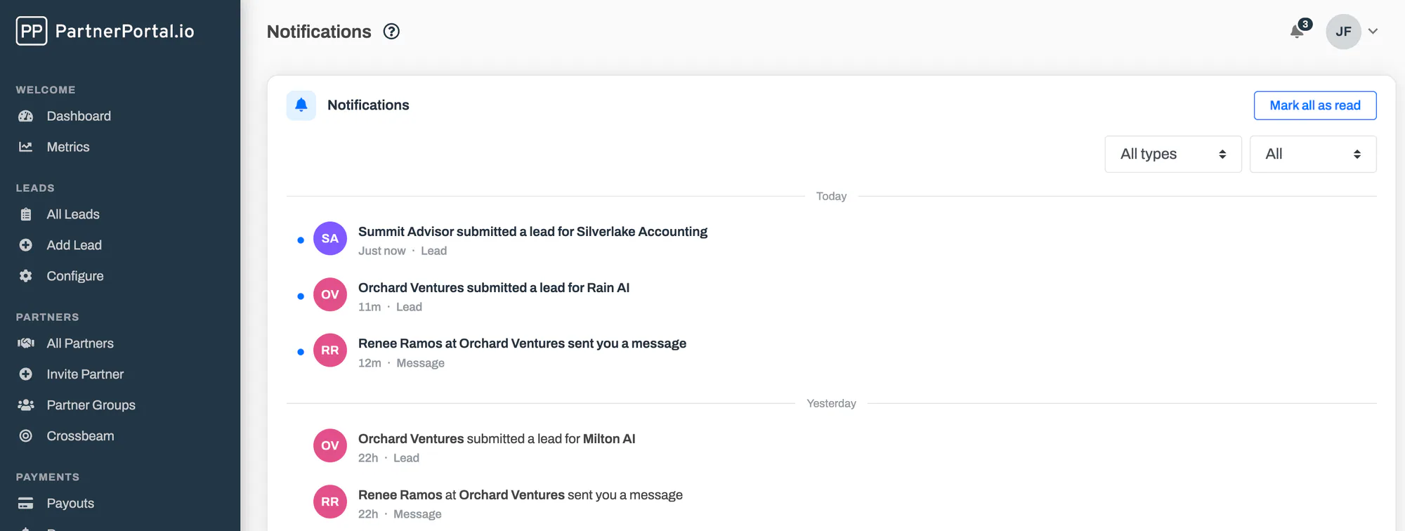 The Notifications page with type and read-state filters, Today and Yesterday groups, and a Mark all as read button.