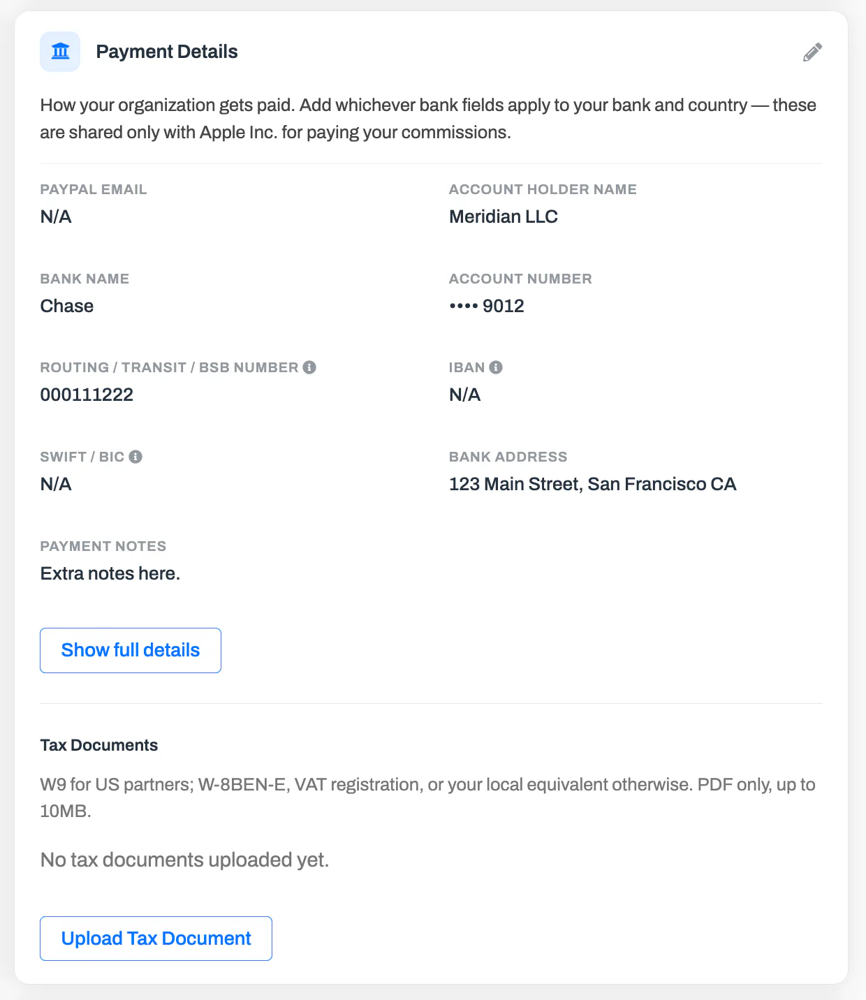 The Payment Details card on the partner Account page, with a masked bank account number, the Show full details button, and the Tax Documents upload section.