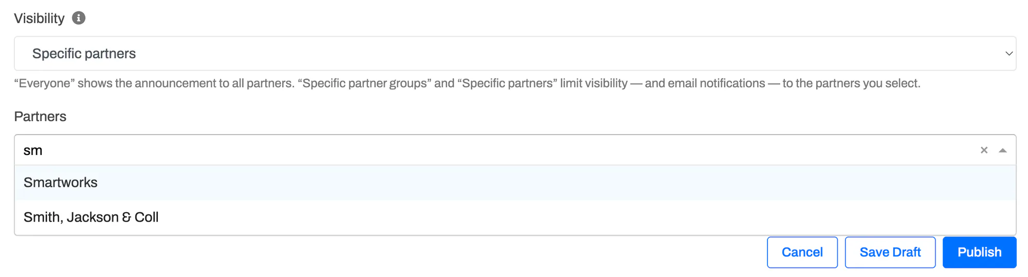 The announcement Visibility setting on Specific partners, with a partner search field showing the selected partners