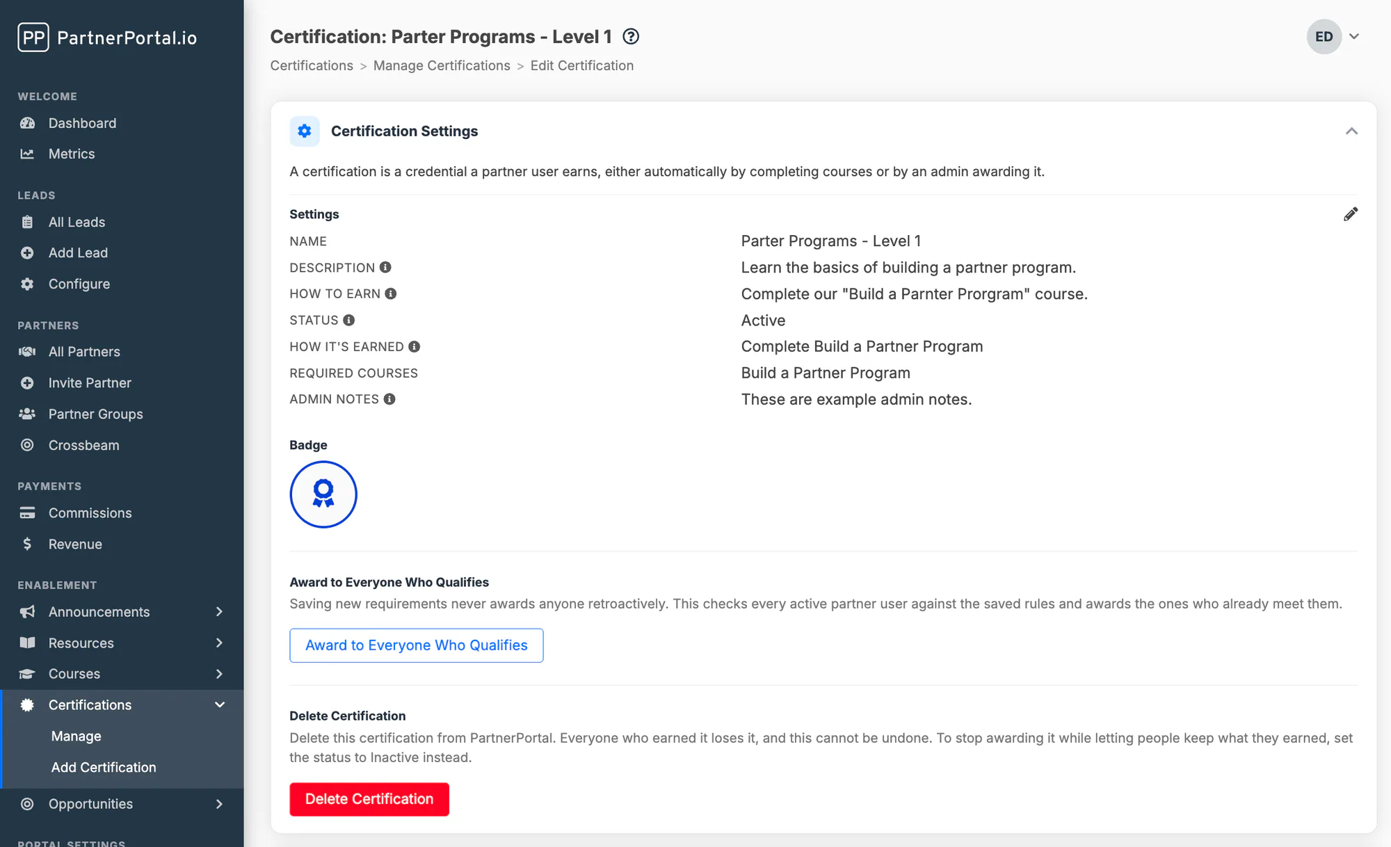 The certification settings screen showing name, description, how to earn, status, required courses, admin notes, and the badge