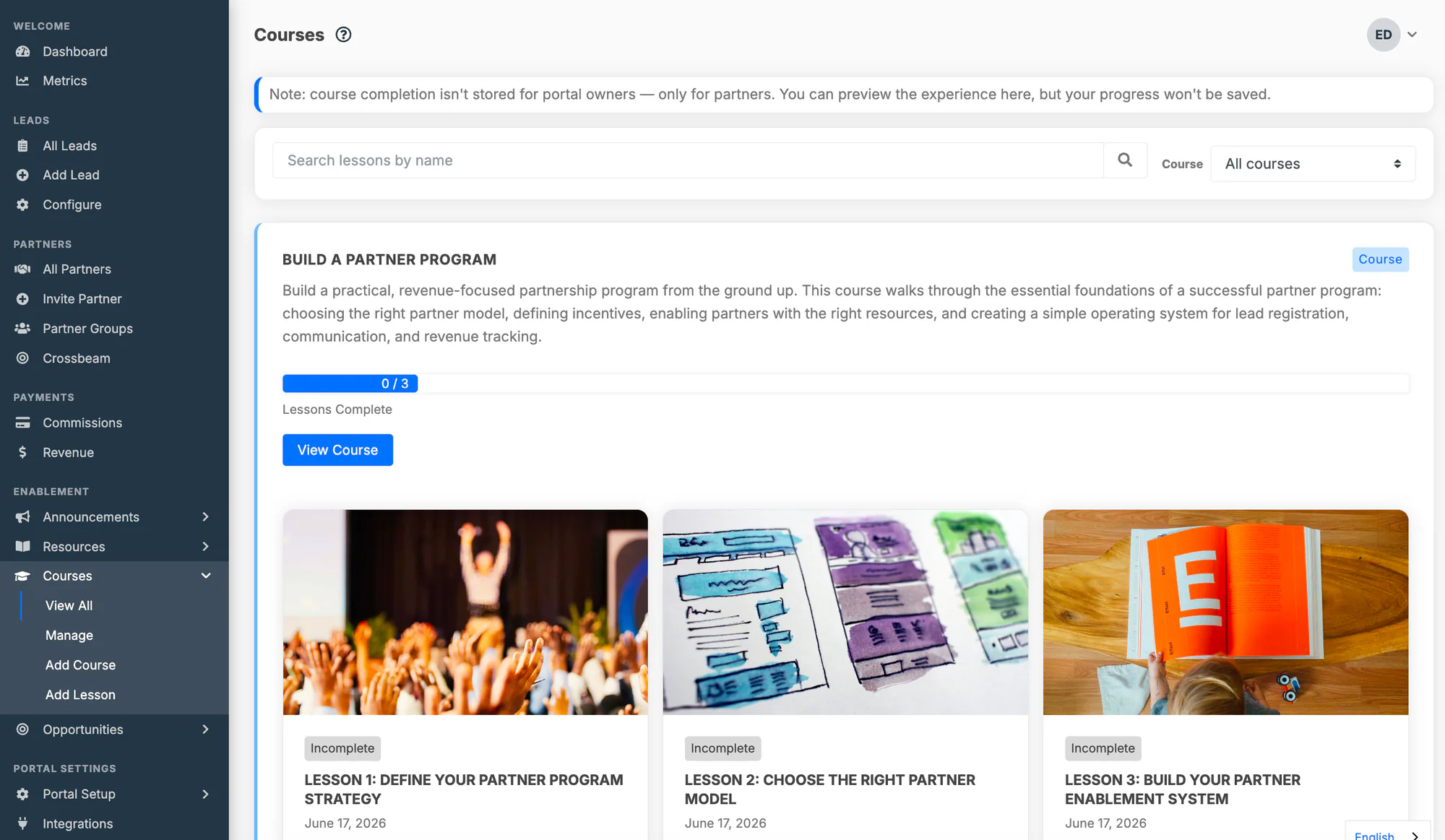The partner-facing Courses page showing a course with its lessons and a progress bar