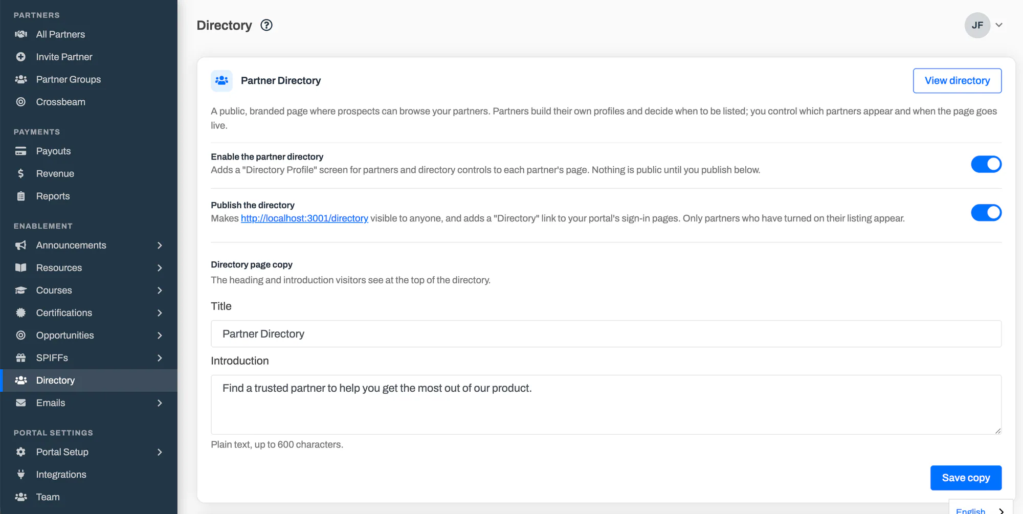 The Directory settings card under Enablement, with the Enable the partner directory and Publish the directory switches and the Title and Introduction fields