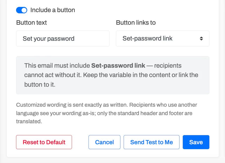 The button, required-link notice, and Reset to Default / Send Test to Me / Save actions at the bottom of the edit screen