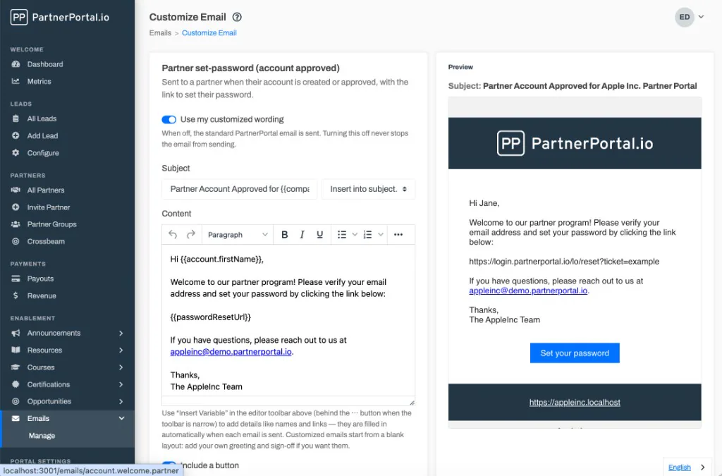 The Customize Email screen with the wording toggle, subject, body editor, and a live preview panel