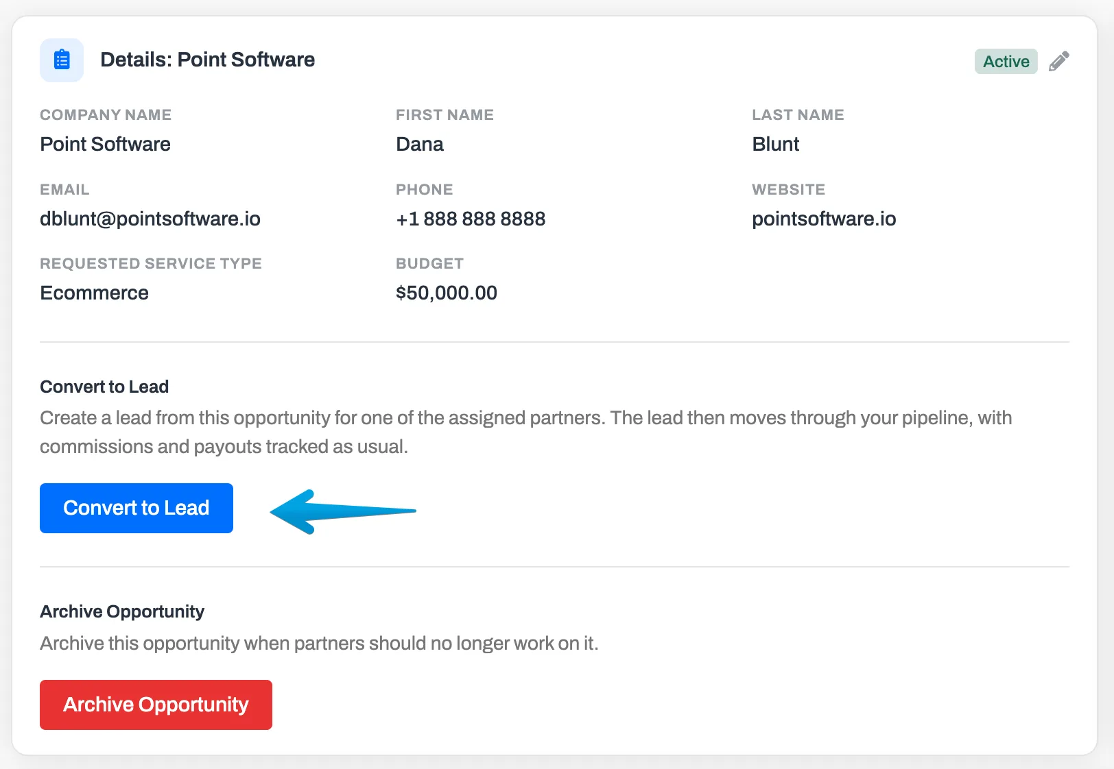 The Convert to Lead section on an opportunity's details card