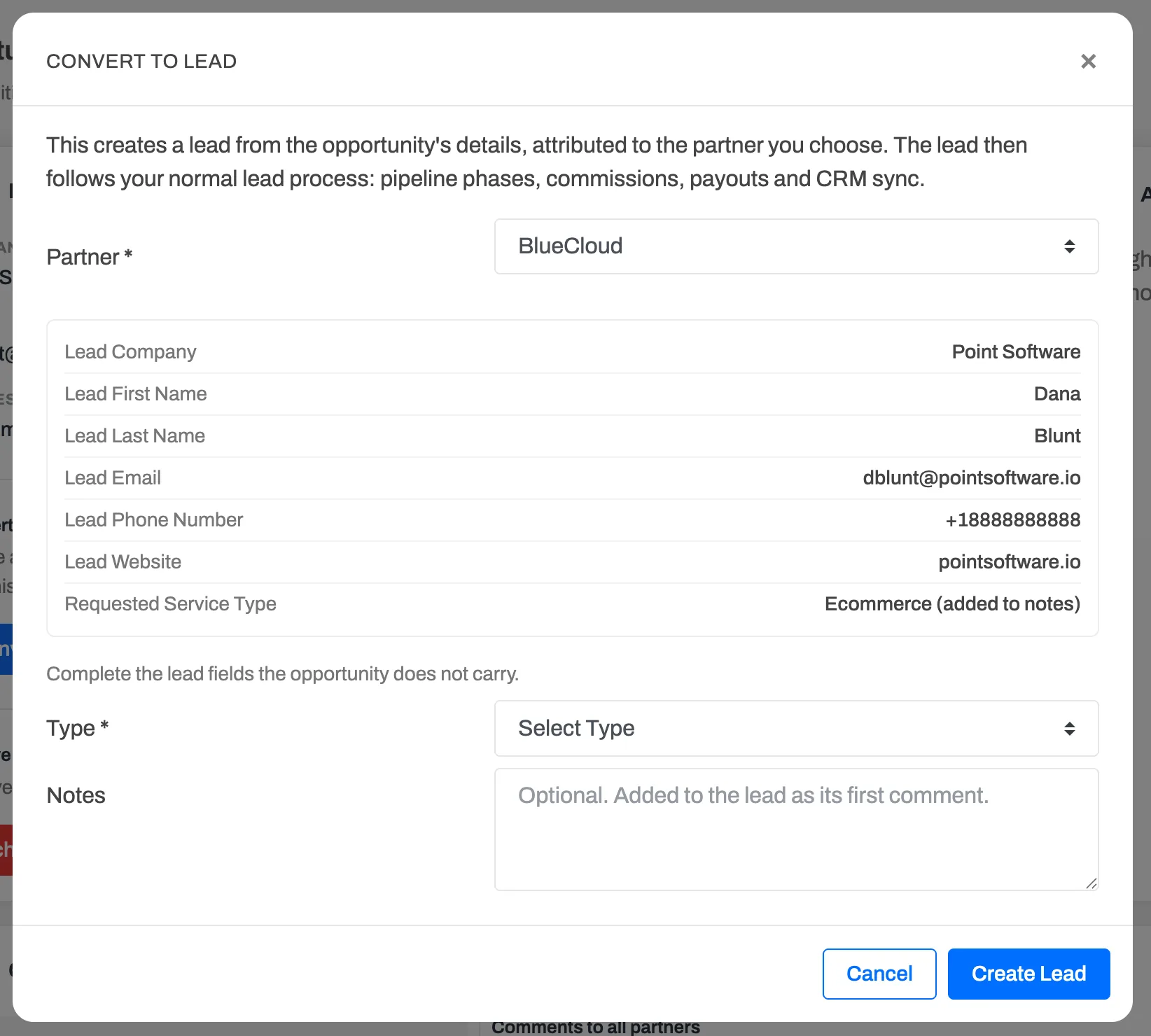 The Convert to Lead dialog with the partner picker, the details carried over, and the lead fields to complete