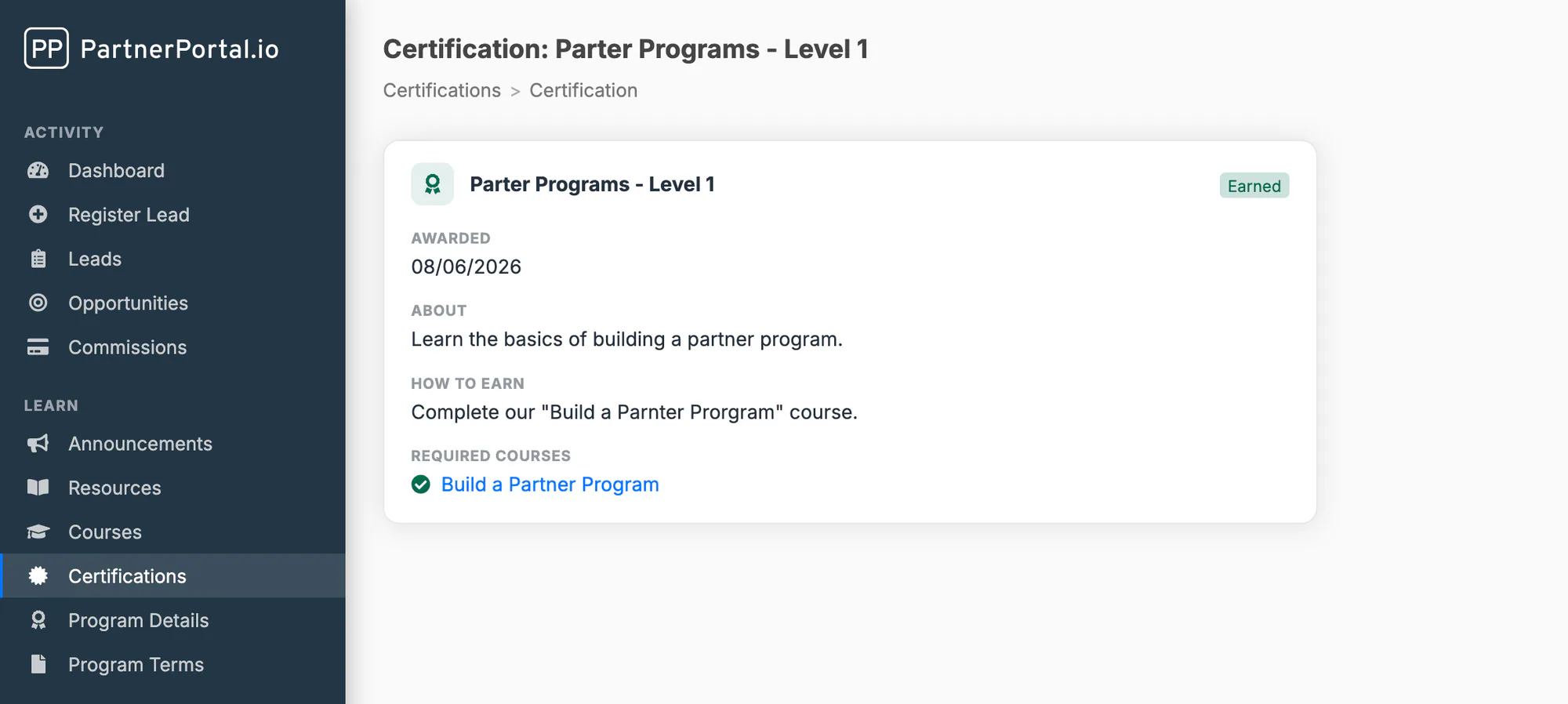 A single earned certification as a partner sees it, with the award date, description, how to earn, and the required course checked off