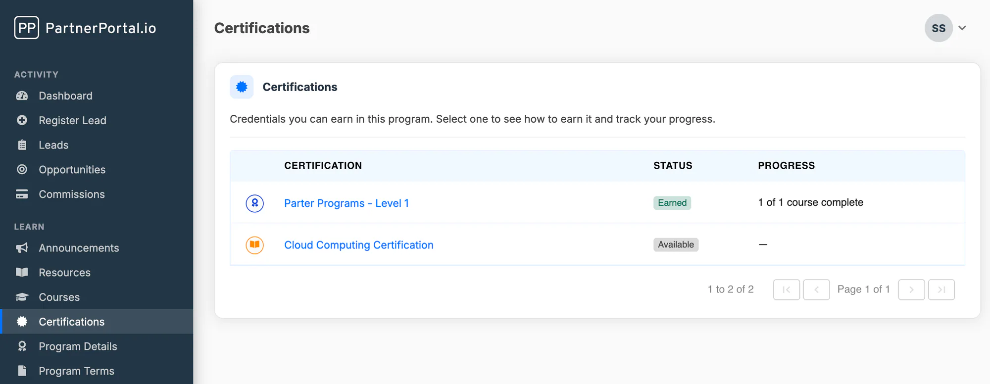 The partner-facing Certifications page listing certifications with status and progress