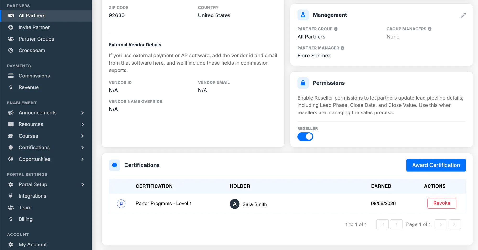 The Certifications table on a partner record, listing the certification, holder, earned date, and a revoke action