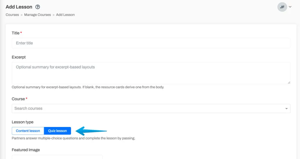 The Add Lesson screen with the Lesson type toggle set to Quiz lesson