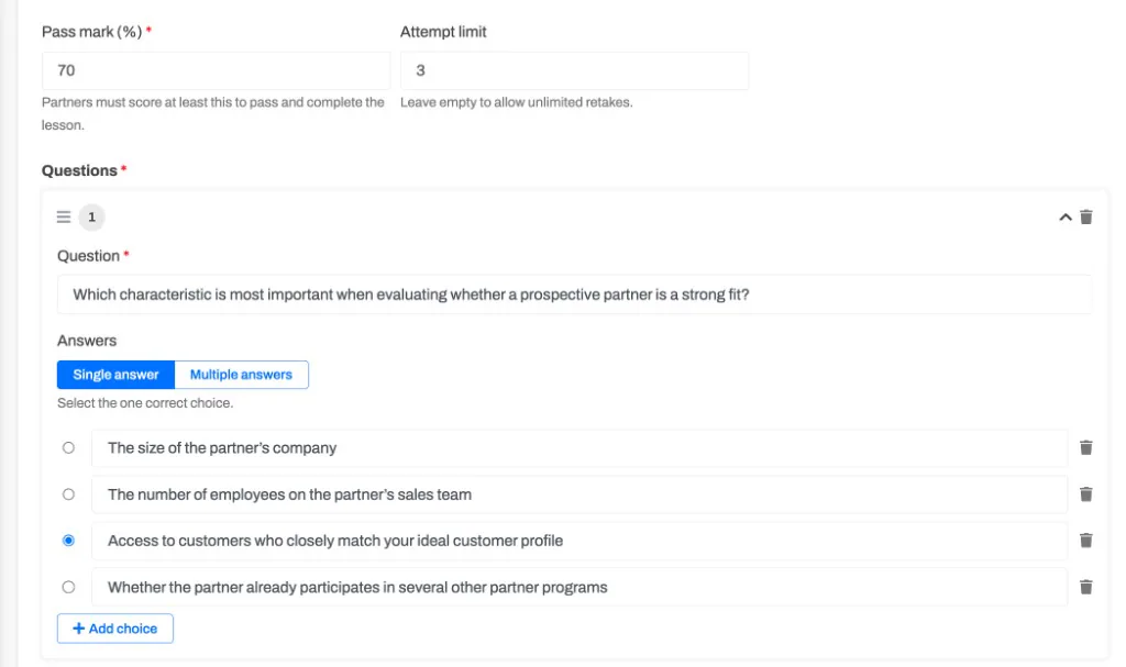 The quiz builder showing the pass mark, attempt limit, and a question with answer choices