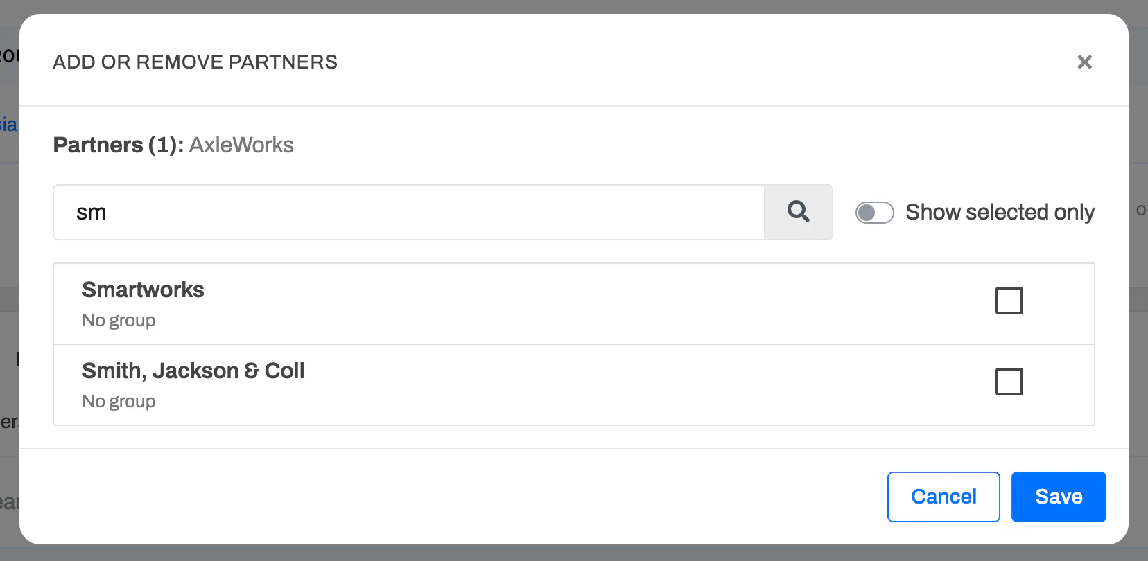 The Add or Remove Partners modal with a search box and the selected partners listed with checkboxes