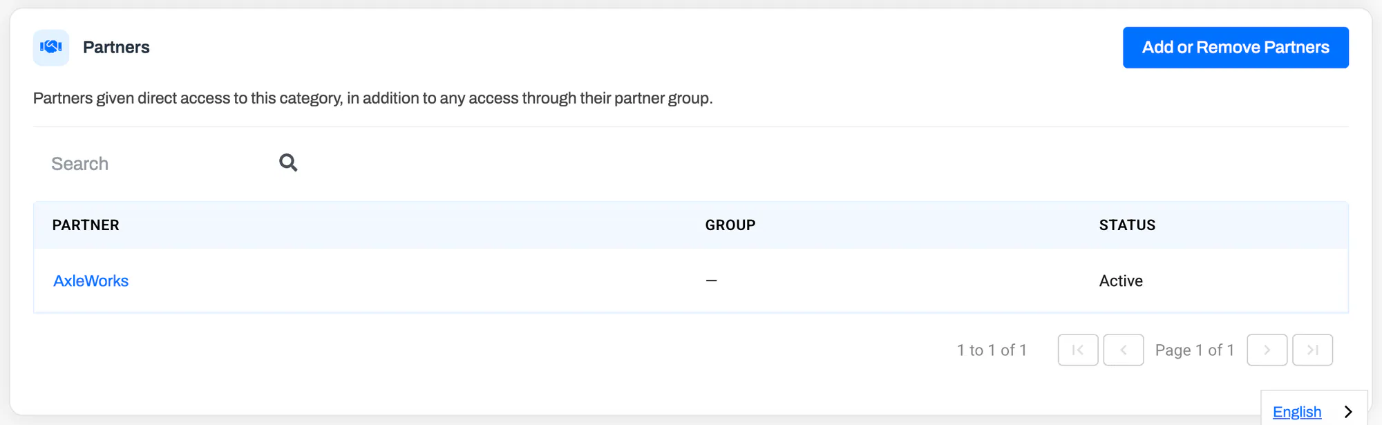 The Partners card on a category, listing partners with direct access and the Add or Remove Partners button