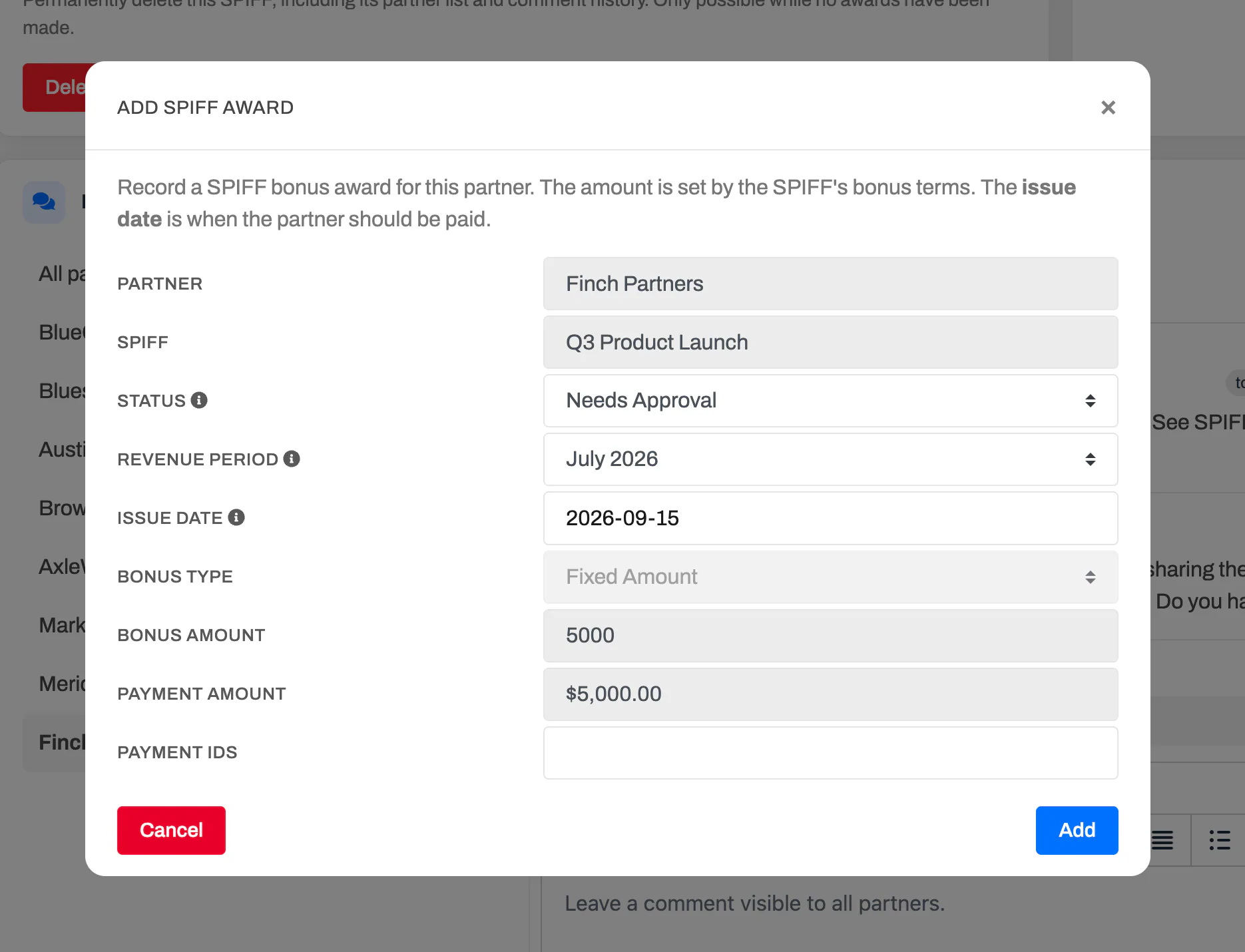 The Add SPIFF Award window with the partner, campaign, and bonus amount pre-filled