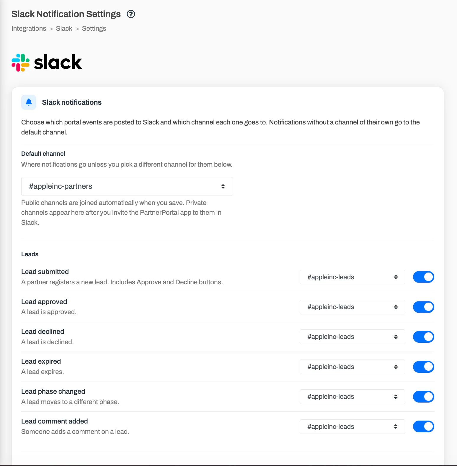 The Slack Notification Settings page in PartnerPortal, with a default channel dropdown at the top and one row per notification, each with a channel dropdown and an on/off toggle.