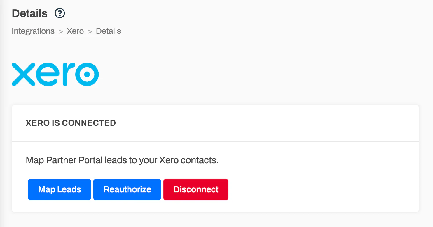 The connected Xero integration page with the Map Leads, Reauthorize, and Disconnect actions.