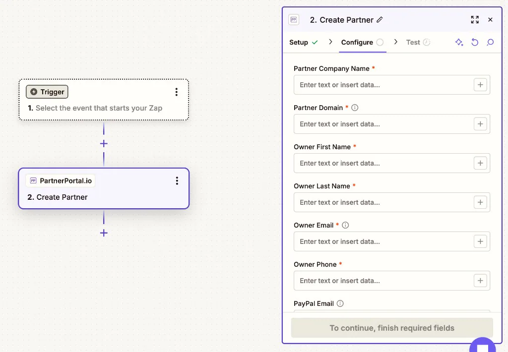 The Create Partner action in Zapier, showing the Partner Company Name, Partner Domain, and owner name, email, and phone fields.