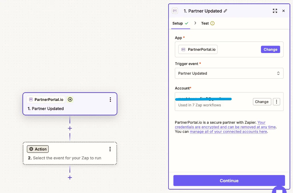 Setting up a PartnerPortal trigger in Zapier, with the Partner Updated event selected and a PartnerPortal account connected.