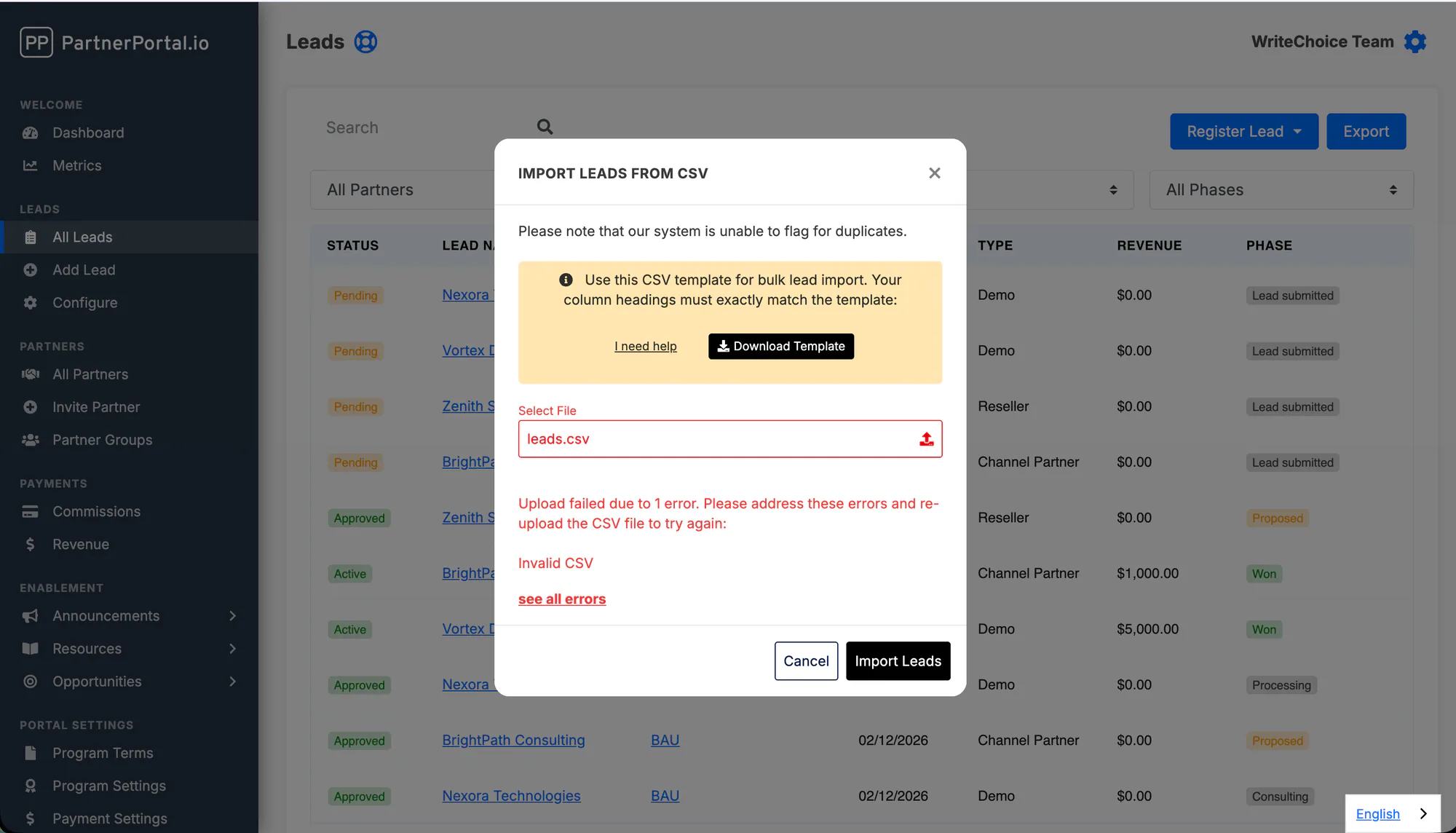The import screen showing validation errors that must be fixed before importing