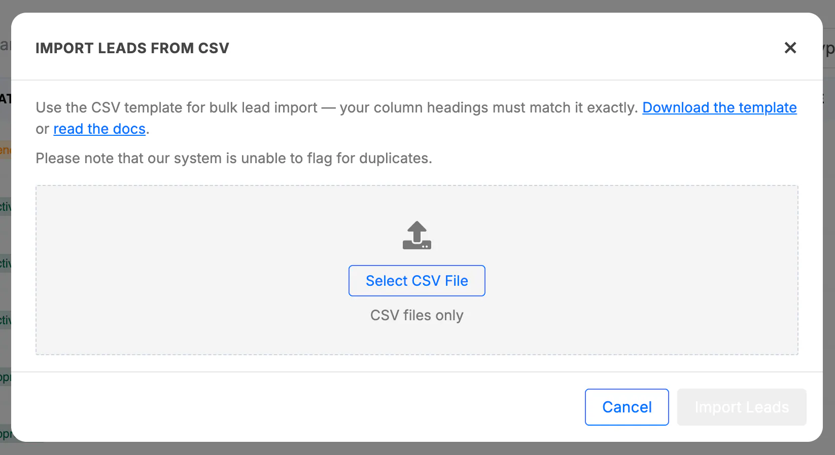 The Import Leads from CSV window with the template download link and the file selector