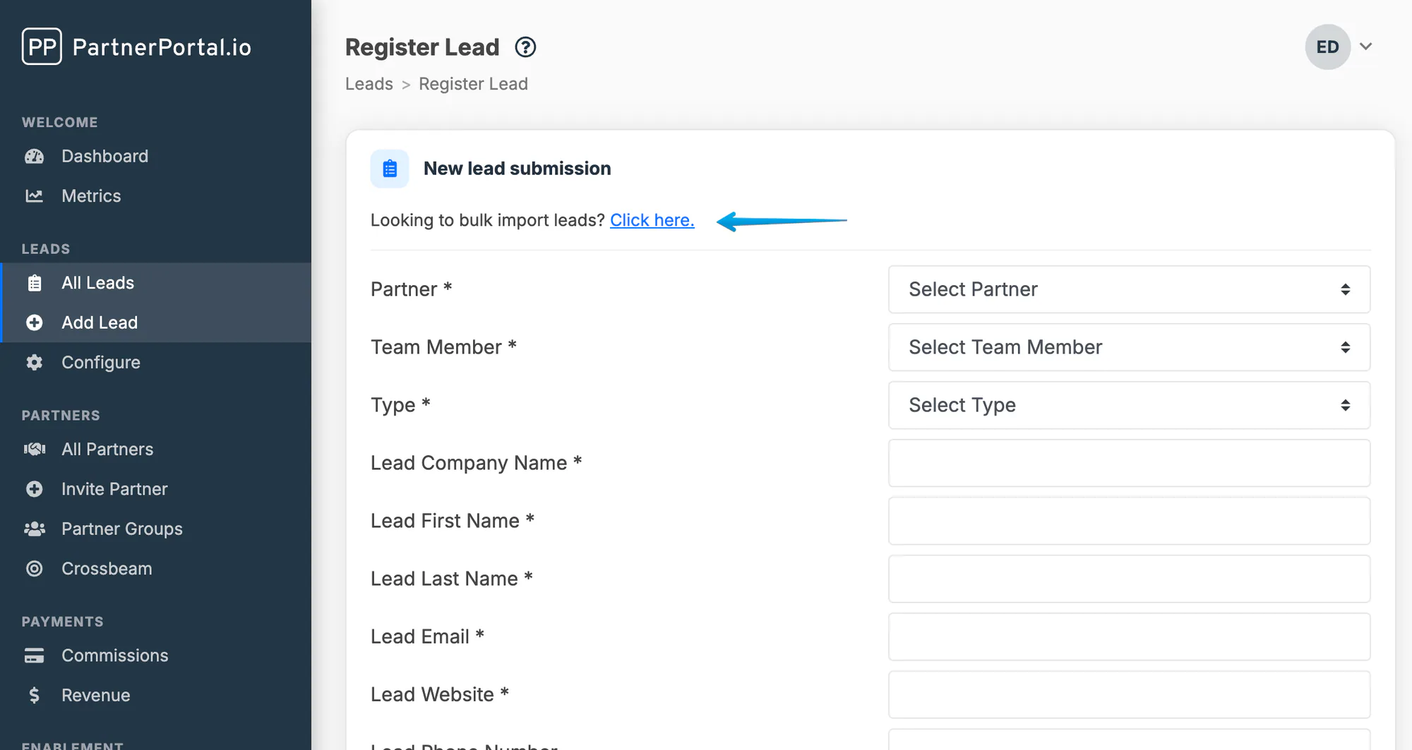 The Add Lead screen with the bulk import link above the lead registration form