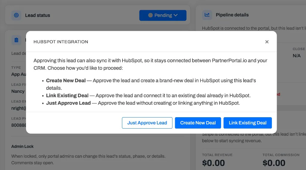 The lead approval dialog with options to create a new deal, link an existing deal, or just approve the lead.