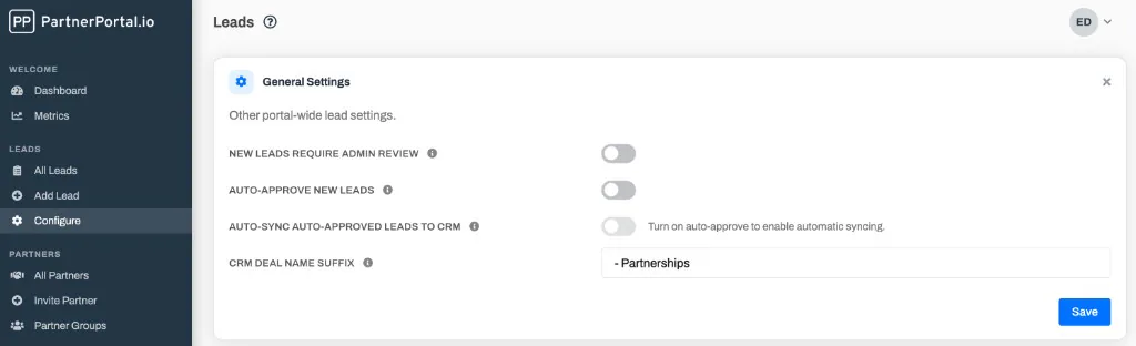 The Leads General Settings card with a CRM deal name suffix entered.