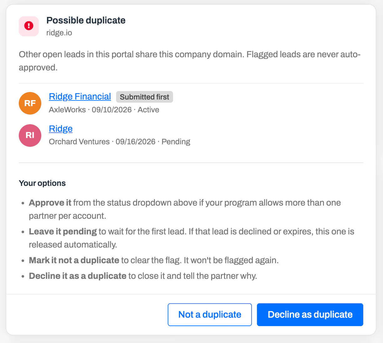 The Possible duplicate card on a lead, listing the lead submitted first and another open lead for the same domain, the admin's options, and the Not a duplicate and Decline as duplicate buttons