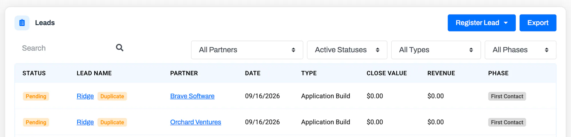 The All Leads list with two pending leads for the same company, each showing a Duplicate badge next to the lead name