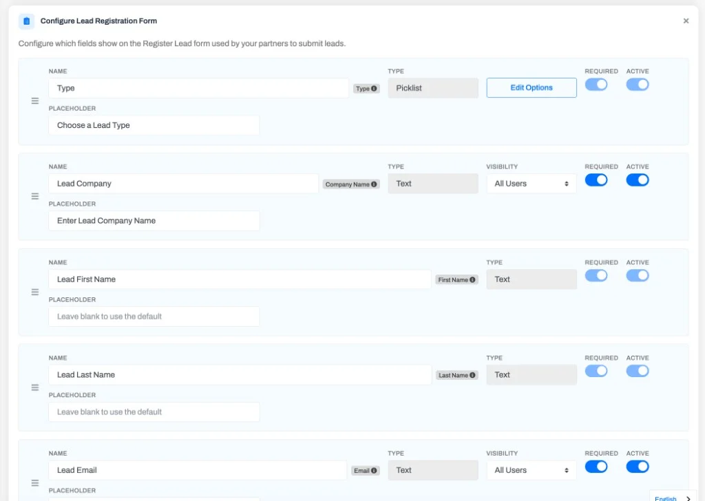 The lead registration form configuration in edit mode, showing each field as an editable row