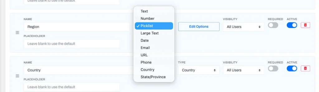 The field Type dropdown showing all available field types