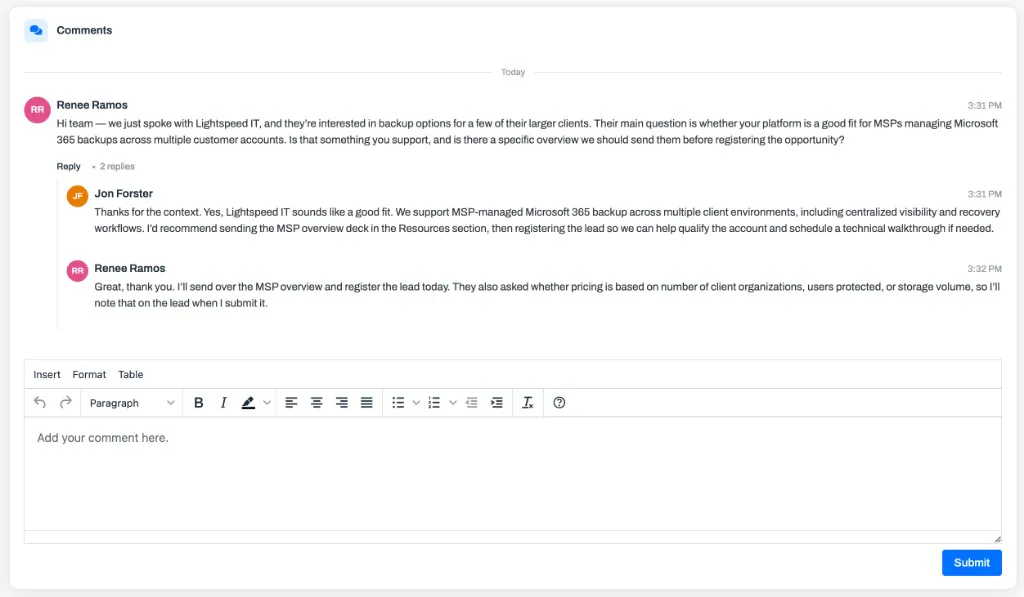 The Comments card on a lead, showing a conversation between the vendor team and the partner with a reply grouped under the first message