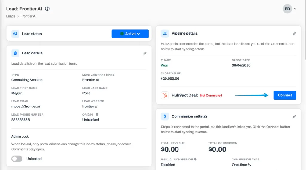 An approved lead's pipeline details showing the Connect button next to the not-yet-linked CRM deal.