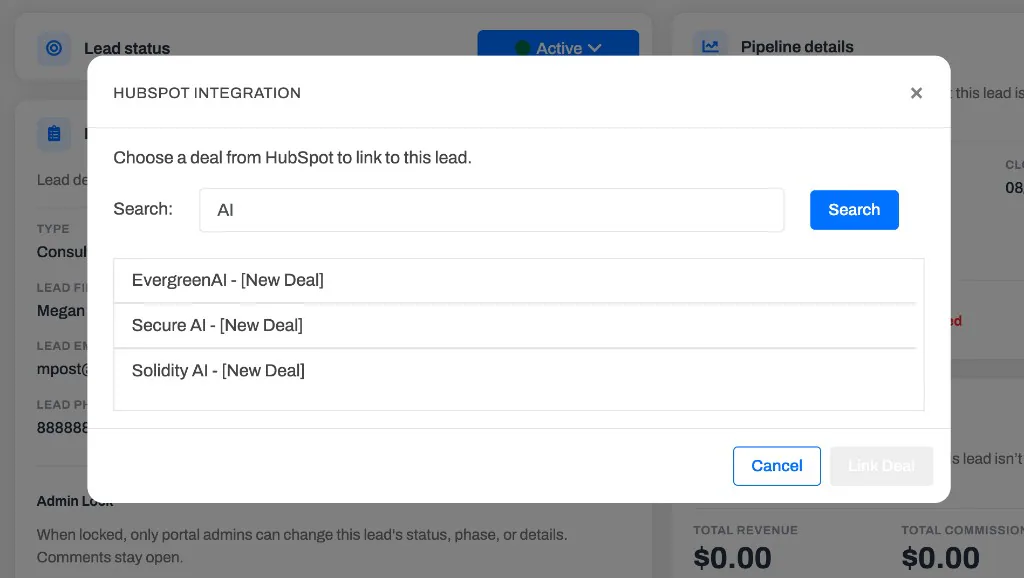 The link-existing dialog with a search box and a list of matching CRM deals to choose from.