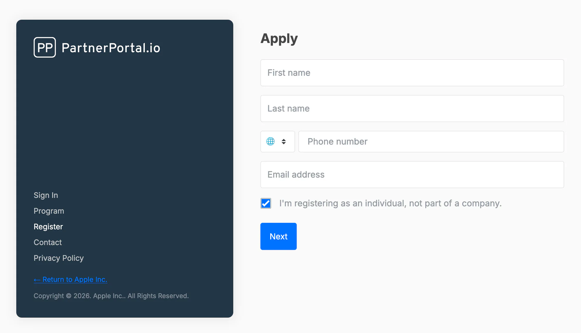 The public application form with the individual checkbox ticked, showing only name, phone, and email fields.