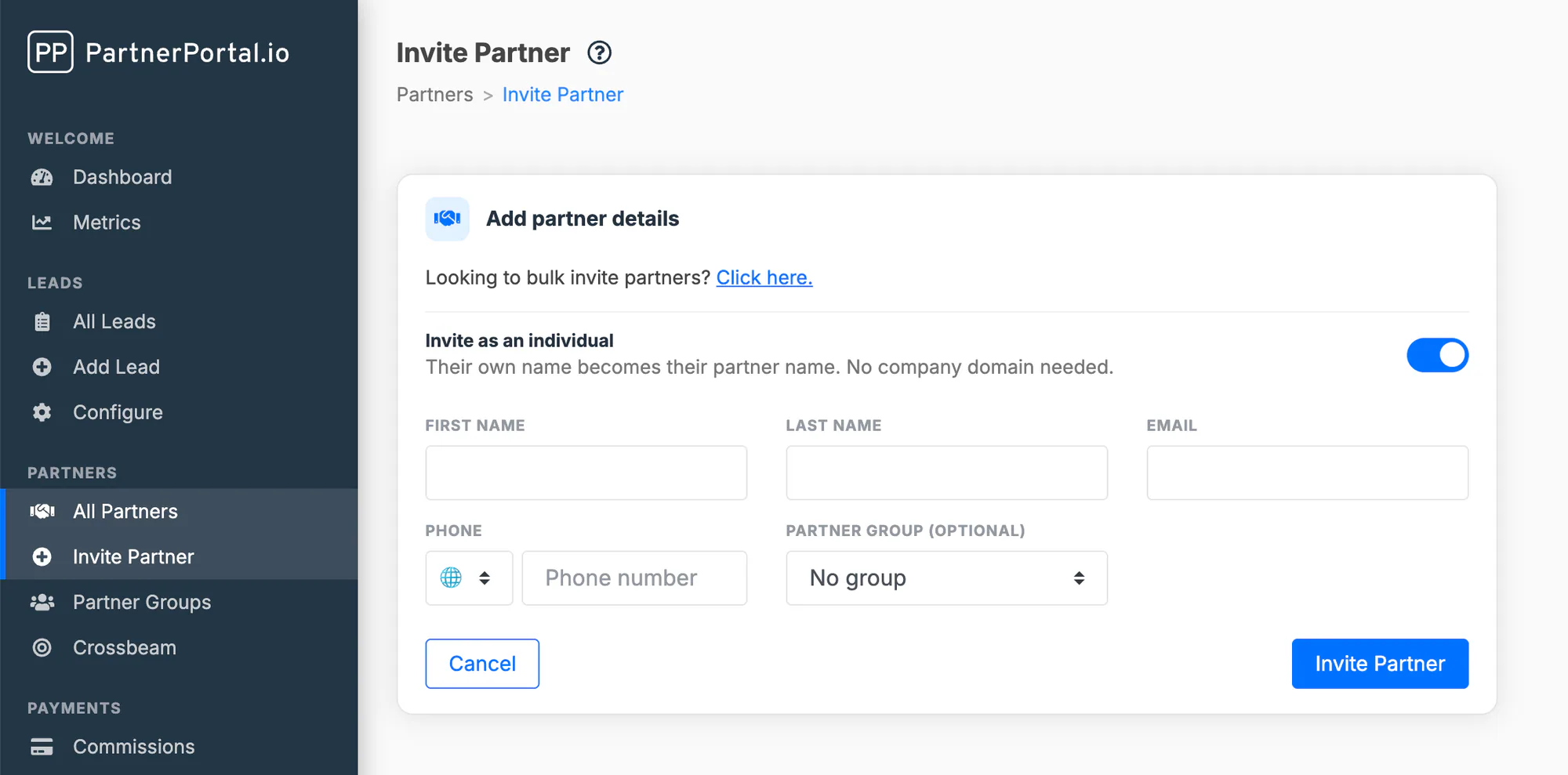The Invite Partner form with Invite as an individual turned on, leaving name, email, phone, and partner group.