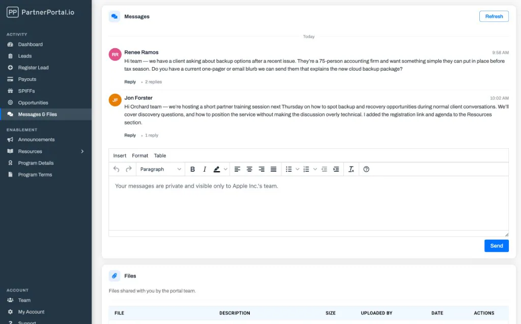 The partner-side Messages & Files page, with the private Messages thread above the Files card of documents shared by the portal team