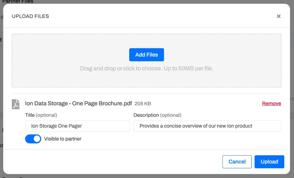 The Upload Files modal, with a drag-and-drop area, a chosen PDF, optional title and description fields, and a Visible to partner toggle