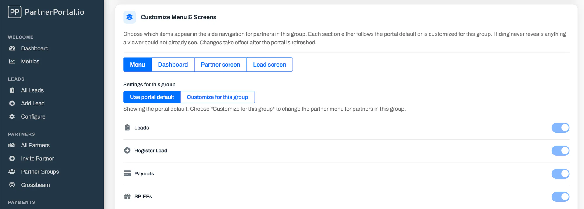 The Customize Menu & Screens card on a partner group with the Menu section selected and Settings for this group set to Use portal default.