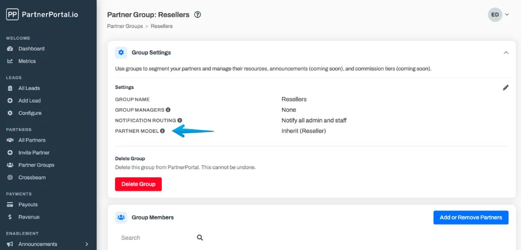 The Partner Model field in a partner group's settings, set to Inherit and resolving to Reseller.