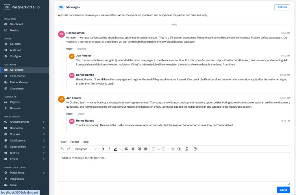The Messages card on a partner's detail page, showing a private thread between the vendor team and the partner with replies