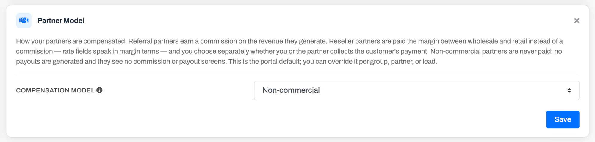 The Partner Model card on the Program Details screen with Compensation model set to Non-commercial. The card's description explains that non-commercial partners are never paid, that no payouts are generated, and that they see no commission or payout screens.
