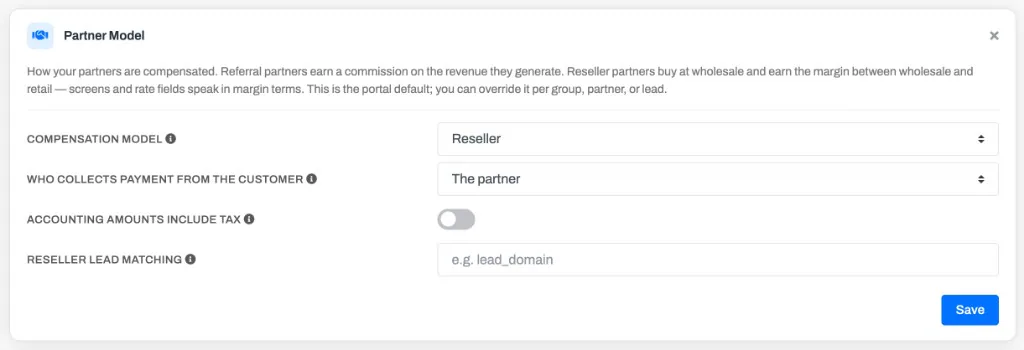 The Partner Model card on the Program Details screen — Compensation model set to Reseller, "Who collects payment from the customer" set to The partner, and the Reseller lead matching field below.