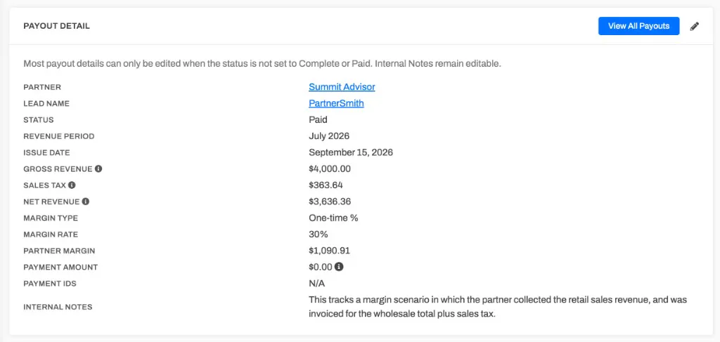A reseller Payout Detail card for a partner-collects deal, read top to bottom: Gross Revenue $4,000.00, Sales Tax $363.64, Net Revenue $3,636.36, Margin Rate 30%, Partner Margin $1,090.91, and a $0.00 Payment Amount because the partner already kept the margin.