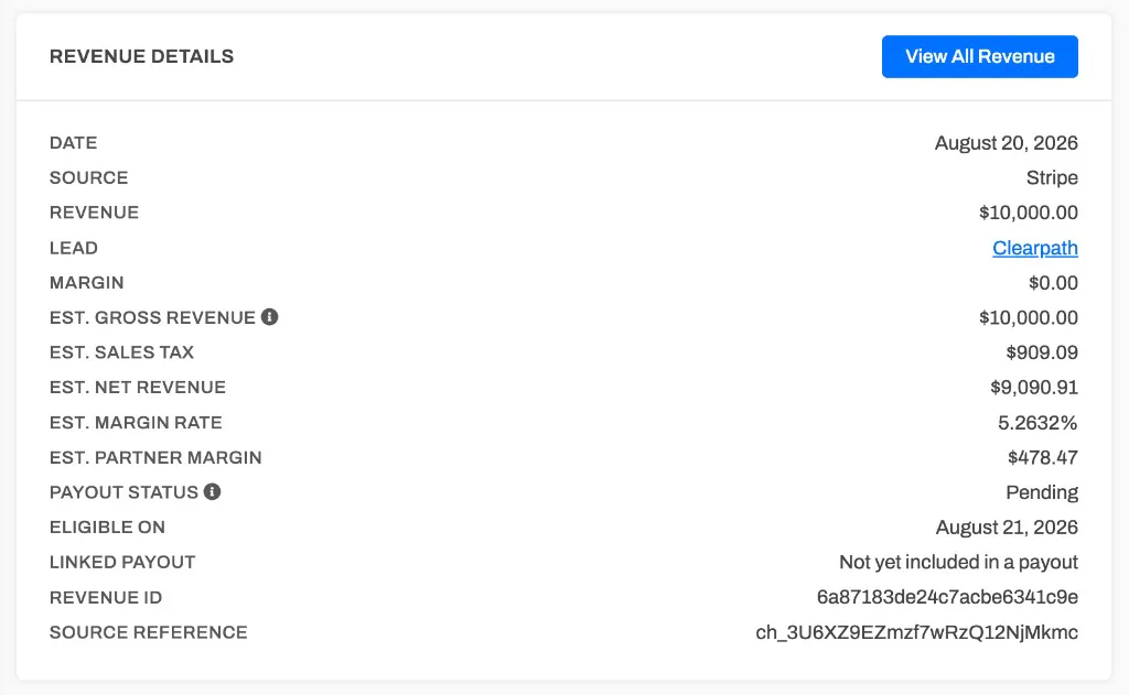 A reseller Revenue Details card showing the estimated breakdown — Est. Gross Revenue $10,000.00, Est. Sales Tax $909.09, Est. Net Revenue $9,090.91, Est. Margin Rate, and Est. Partner Margin — above the payout status and linked payout.