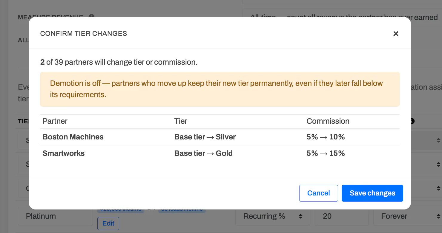 The confirmation dialog before a tier save, listing each affected partner's tier and commission change, with a warning that demotion is off.