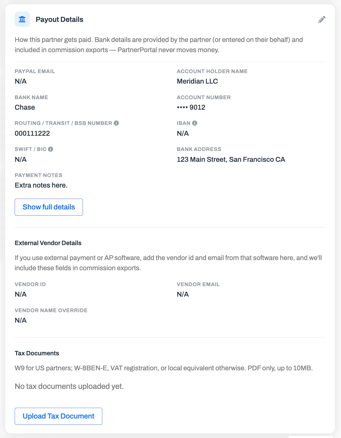 The Payout Details card on a partner record, showing masked bank details, the External Vendor Details section, and the Tax Documents section.