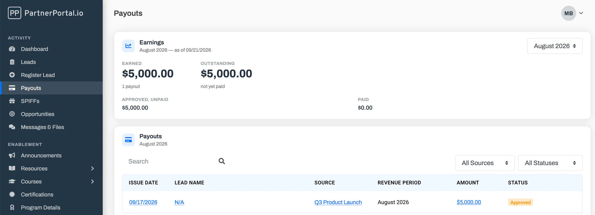 A partner's Commissions page with the Earnings card set to August 2026 above the commissions table, showing earned, outstanding, approved-unpaid, and paid figures