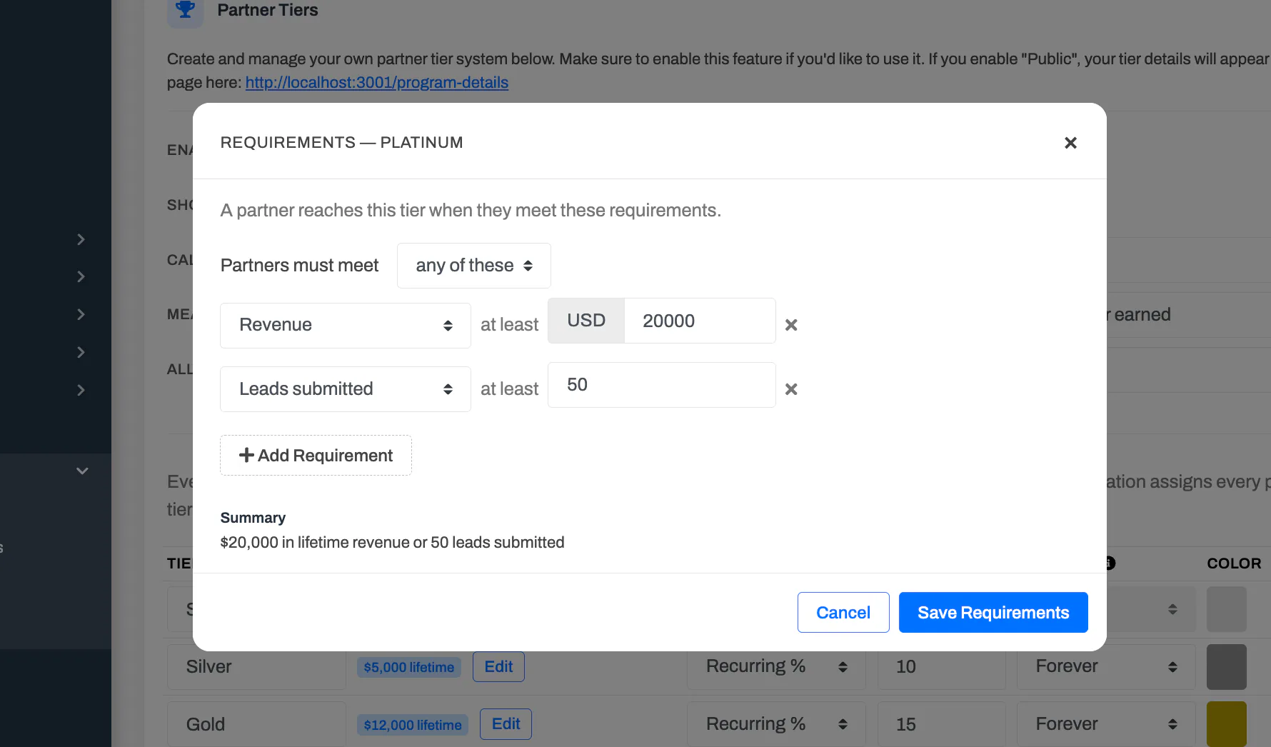 The tier requirements modal, combining a revenue requirement and a leads-submitted requirement with an "any of these" match.