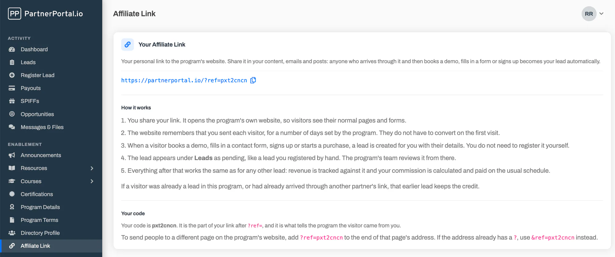 The partner's Affiliate Link screen, with their link, a short explanation of how it works, and their code.